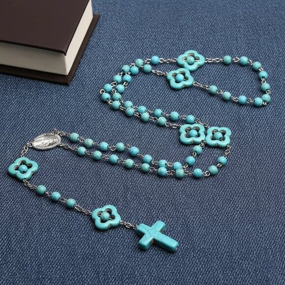 Turquoise Catholic Rosary Cross Religious Praying Fashion Necklace NWOT - Picture 6 of 10